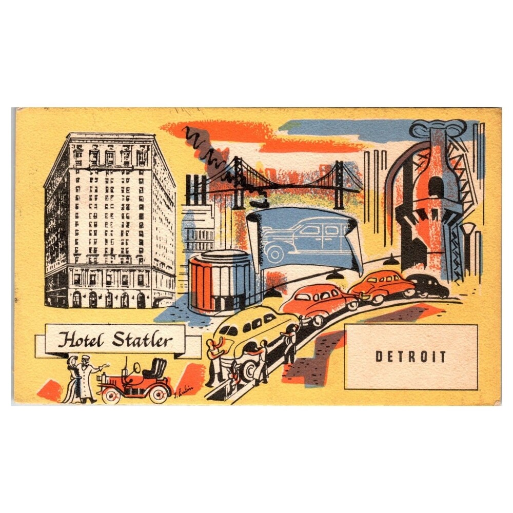 Vintage Hotel Statler Detroit Postcard R. Laiken Art 1954 Posted